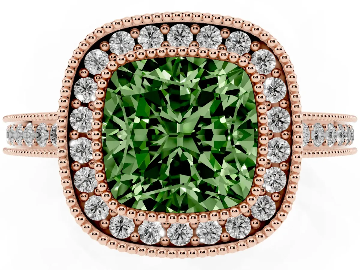 Fancy Green Cushion Cut Cut Halo Diamond Ring with Pavé Band and Milgrain Prong Setting Rose gold