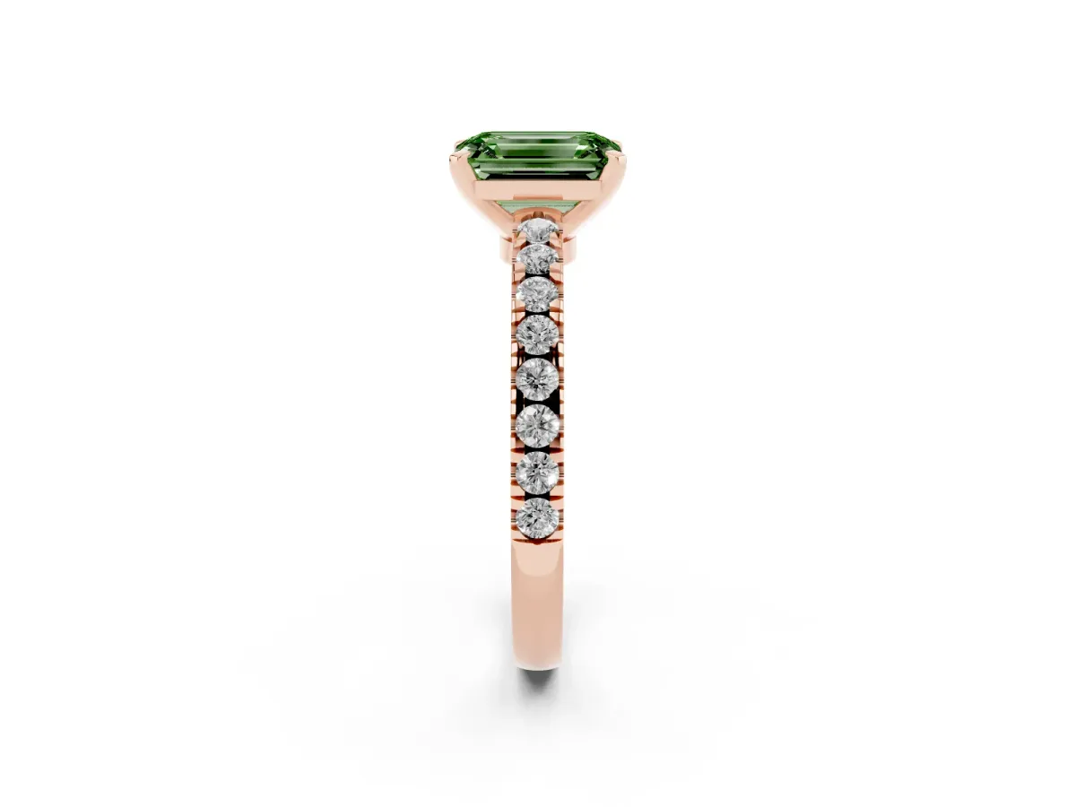 Fancy Green Emerald Cut Solitaire Diamond with Pavé Band and Four-Prong Setting Rose gold