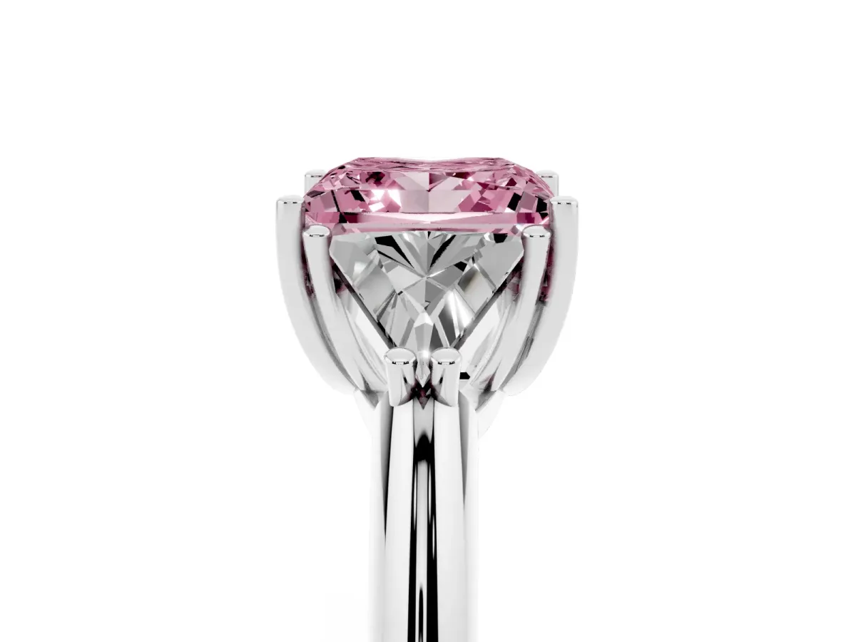 Fancy Pink Three-Stone Princess Cut Diamond Engagement Ring with Trillion Side Stones and Prong Setting White gold