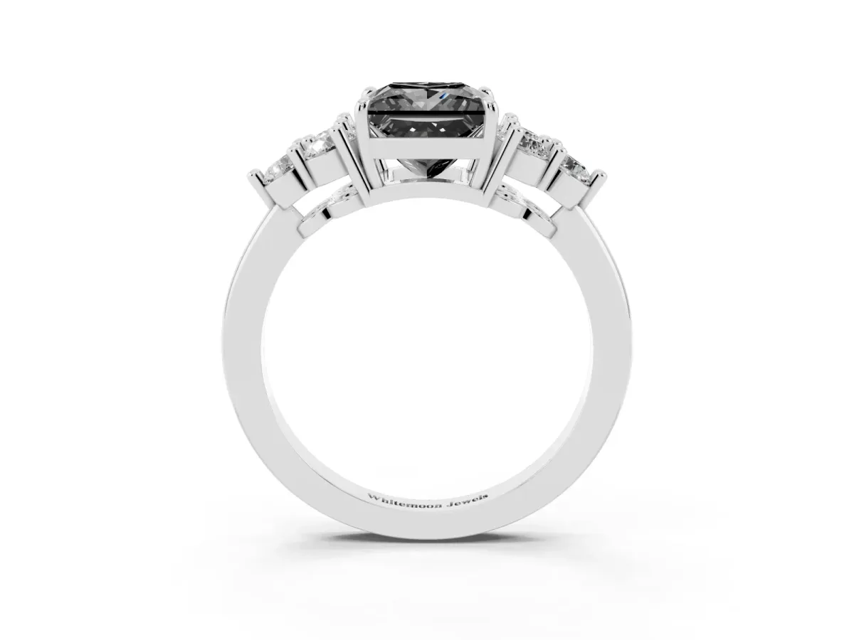 Fancy Black Princess Cut Brilliant Diamond Cluster Accent Solitaire Ring with Prong Setting Silver