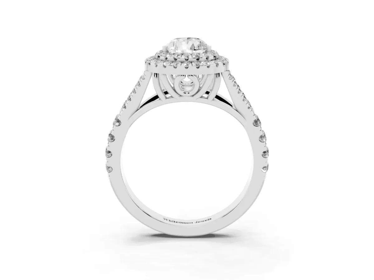 Pear Cut Diamond Double Halo Ring with Split Shank and Prong Setting White gold
