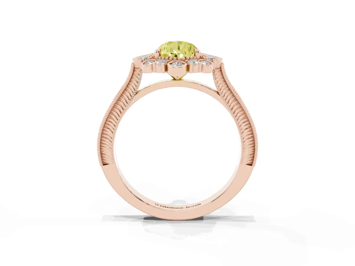 Fancy Yellow Pear Cut Halo Milgrain Pave Diamond Ring with Four-Prong Setting Rose gold