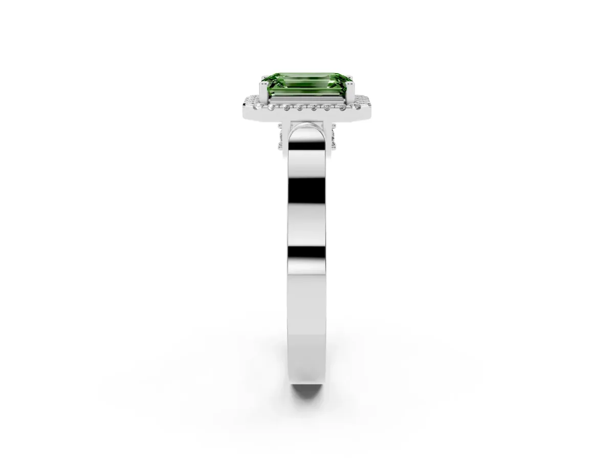 Fancy Green Emerald Cut Halo Round Diamond Twist Band with Four-Prong Setting White gold