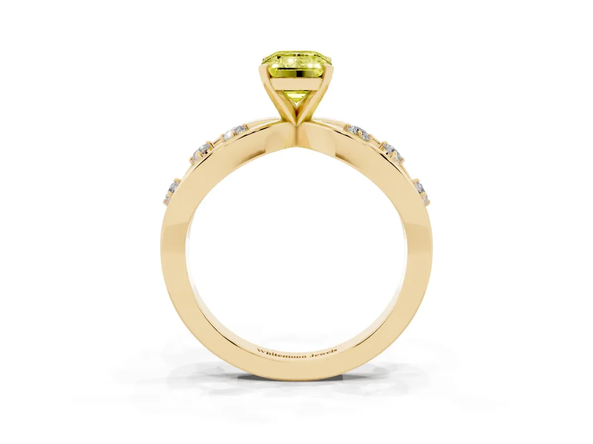 Fancy Yellow Emerald Cut Cut Solitaire Diamond with Side Stones on Criss-Cross Band and Four-Prong Setting Yellow gold