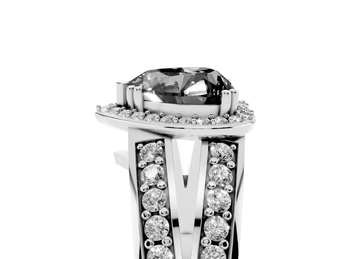 Fancy Black Heart Cut Diamond Halo Ring with Split Shank Pavé Band and Four-Prong Setting Platinum