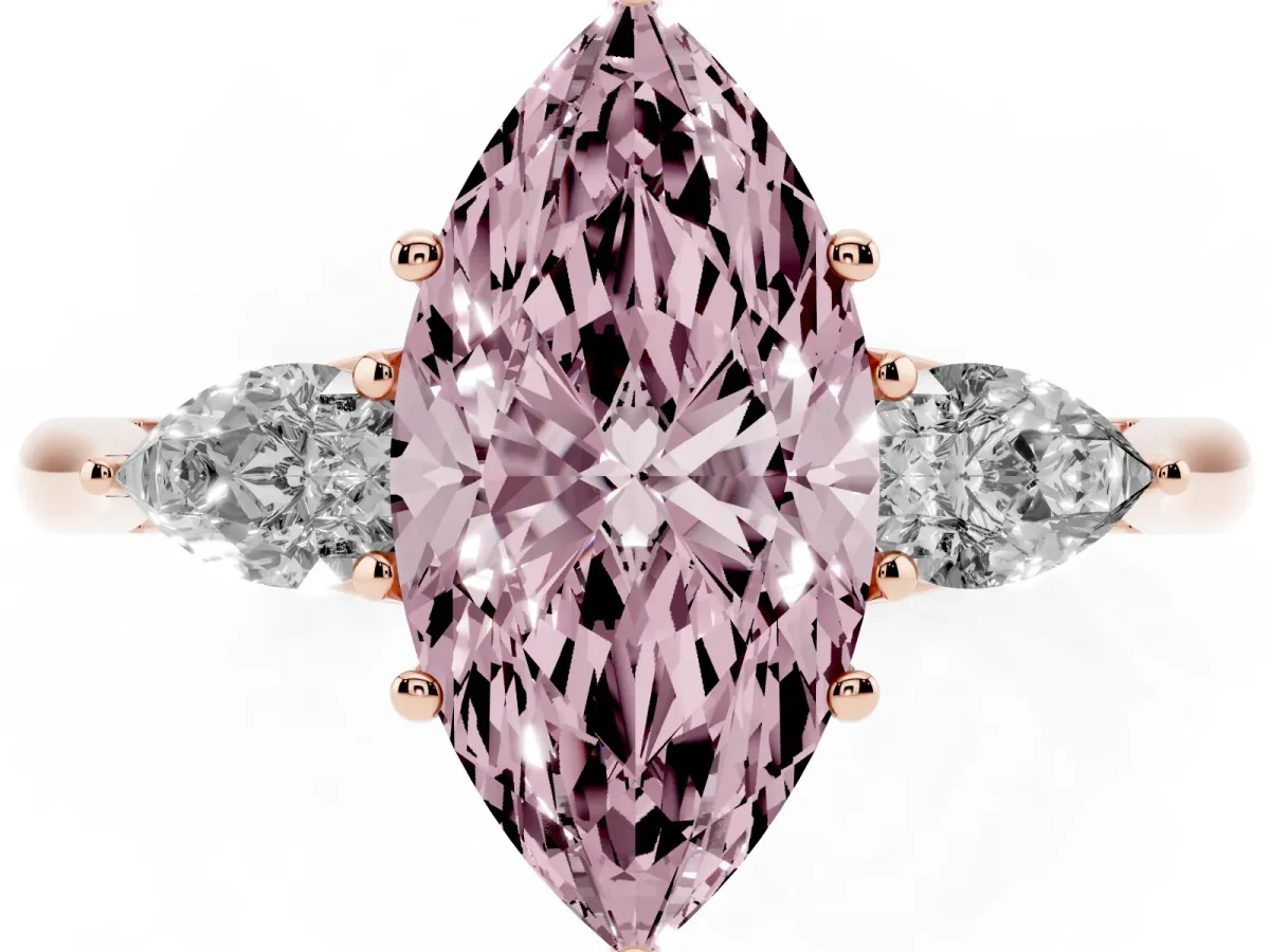 Fancy Pink Marquise Cut Diamond Three-Stone Ring with Pear Side Stones and Prong Setting Rose gold