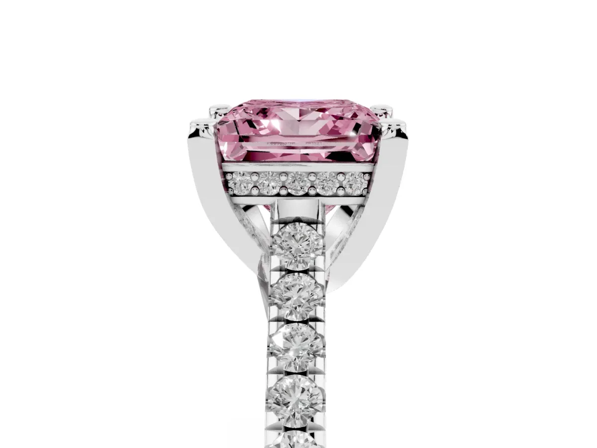 Fancy Pink Princess Cut Brilliant Diamond Solitaire with Pavé Band and Four-Prong Setting Silver