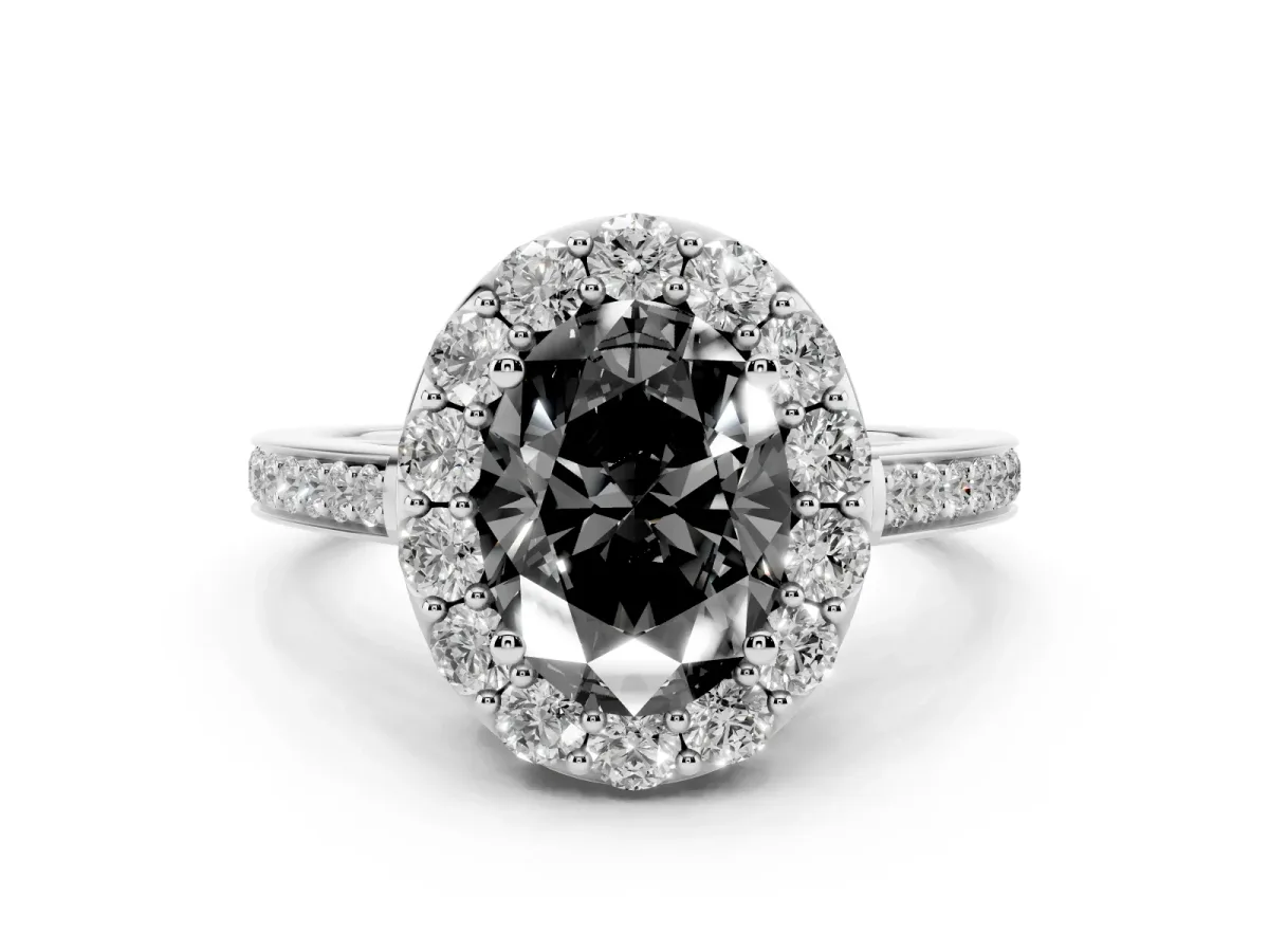 Fancy Black Oval Cut Diamond Floral Halo Ring with Pavé Band and Prong Setting White gold