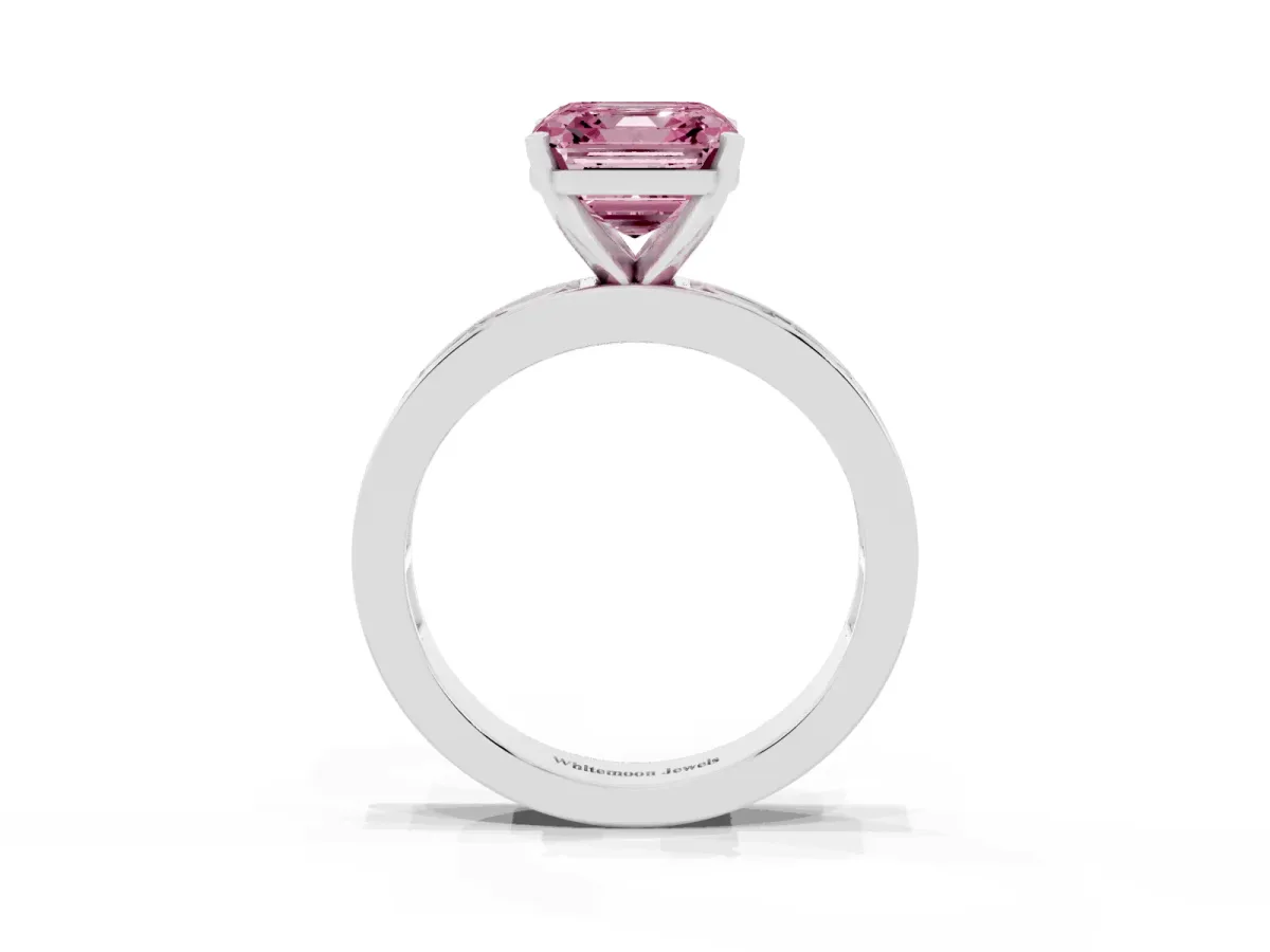 Fancy Pink Asscher Cut Solitaire Diamond Ring with Channel-Set Baguette Band and Four-Prong Setting White gold