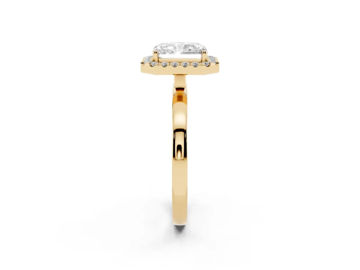Radiant Cut Halo Diamond Solitaire with Pavé Band and Four-Prong Setting Yellow gold