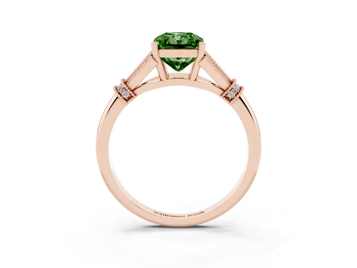 Fancy Green Radiant Cut Diamond Solitaire Ring with Floral Filigree and Pave Accents Rose gold