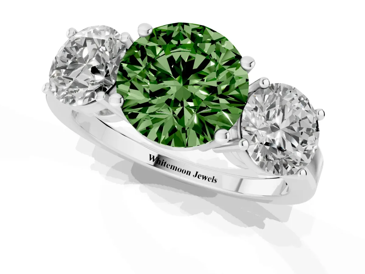 Fancy Green Three-Stone Round Cut Cut Diamond Engagement Ring with Flat Band and Four-Prong Setting Silver
