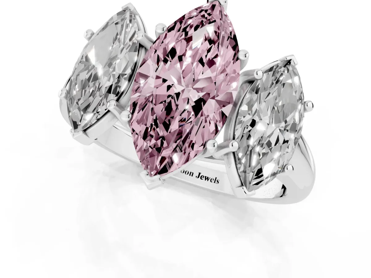 Fancy Pink Three-Stone Marquise Cut Diamond Engagement Ring with Prong Setting Platinum