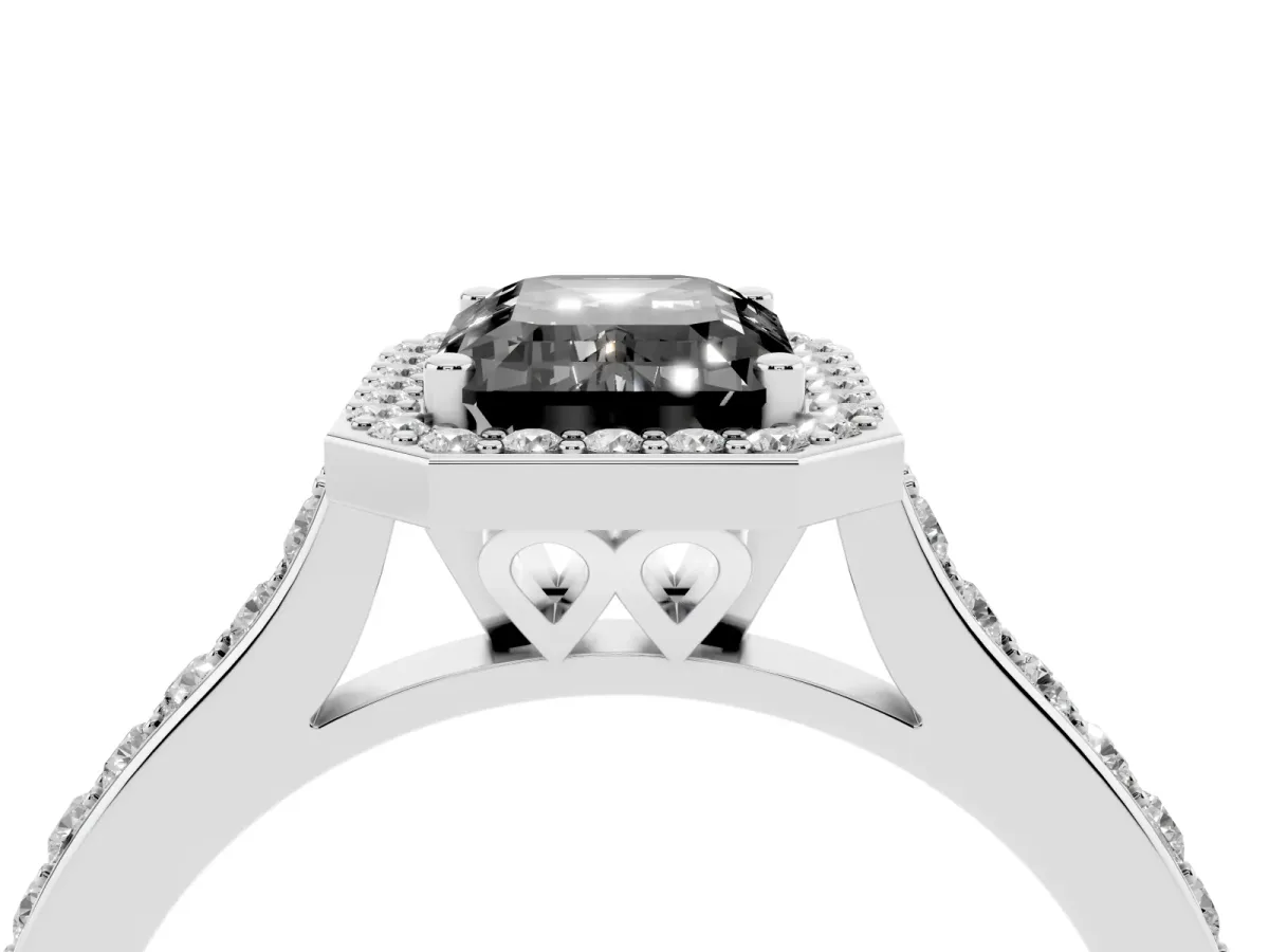 Fancy Black Emerald Cut Diamond Halo Engagement Ring with Round Pavé Shoulders and Prong Setting White gold