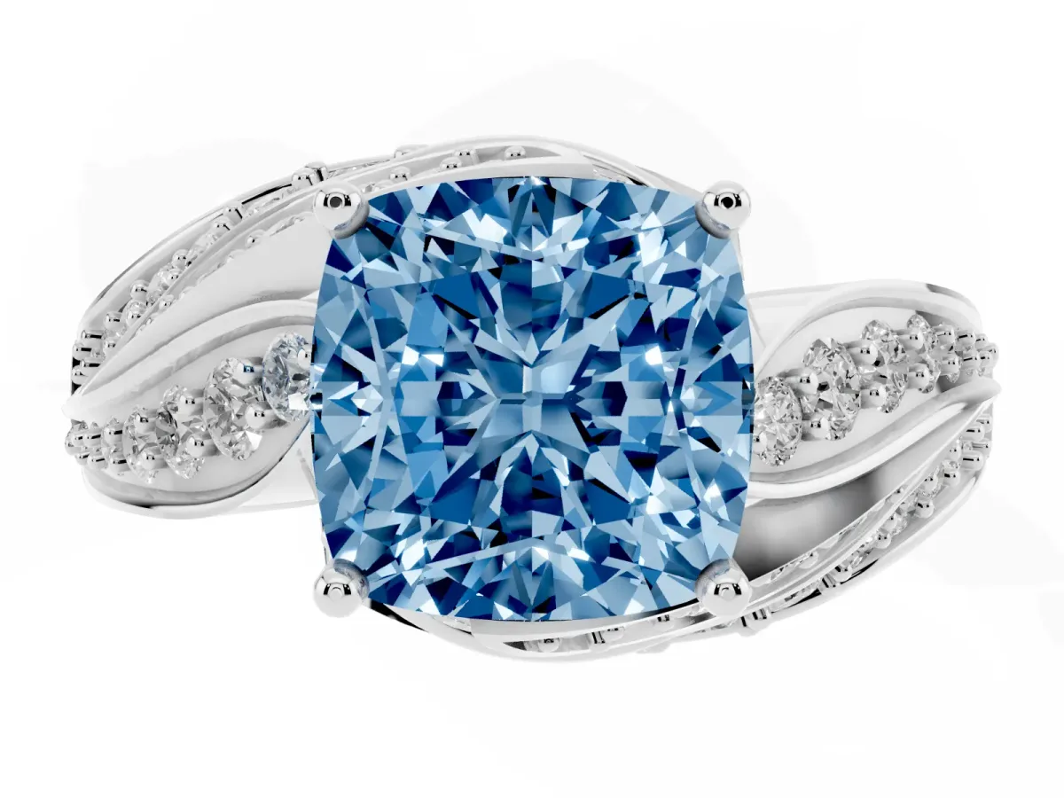 Fancy Blue Cushion Cut Diamond Solitaire Ring with Prong Setting and Twisted Pavé Band Silver