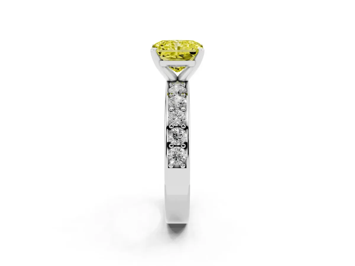 Fancy Yellow Radiant Cut Diamond Engagement Ring with Channel Set Round Band and Prong Setting White gold