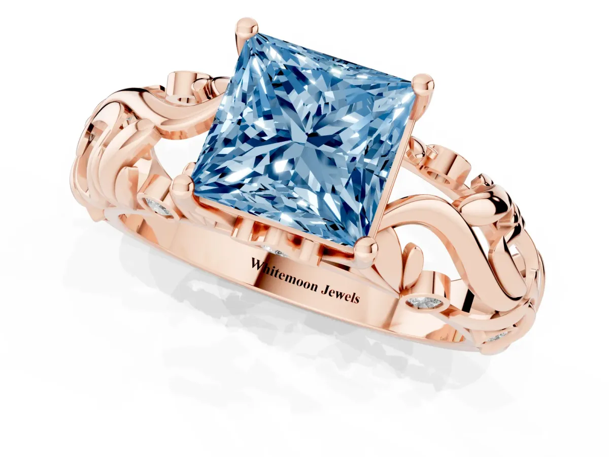 Fancy Blue Princess Cut Solitaire Diamond Leaf-Inspired Vine Band Ring with Prong Setting Rose gold