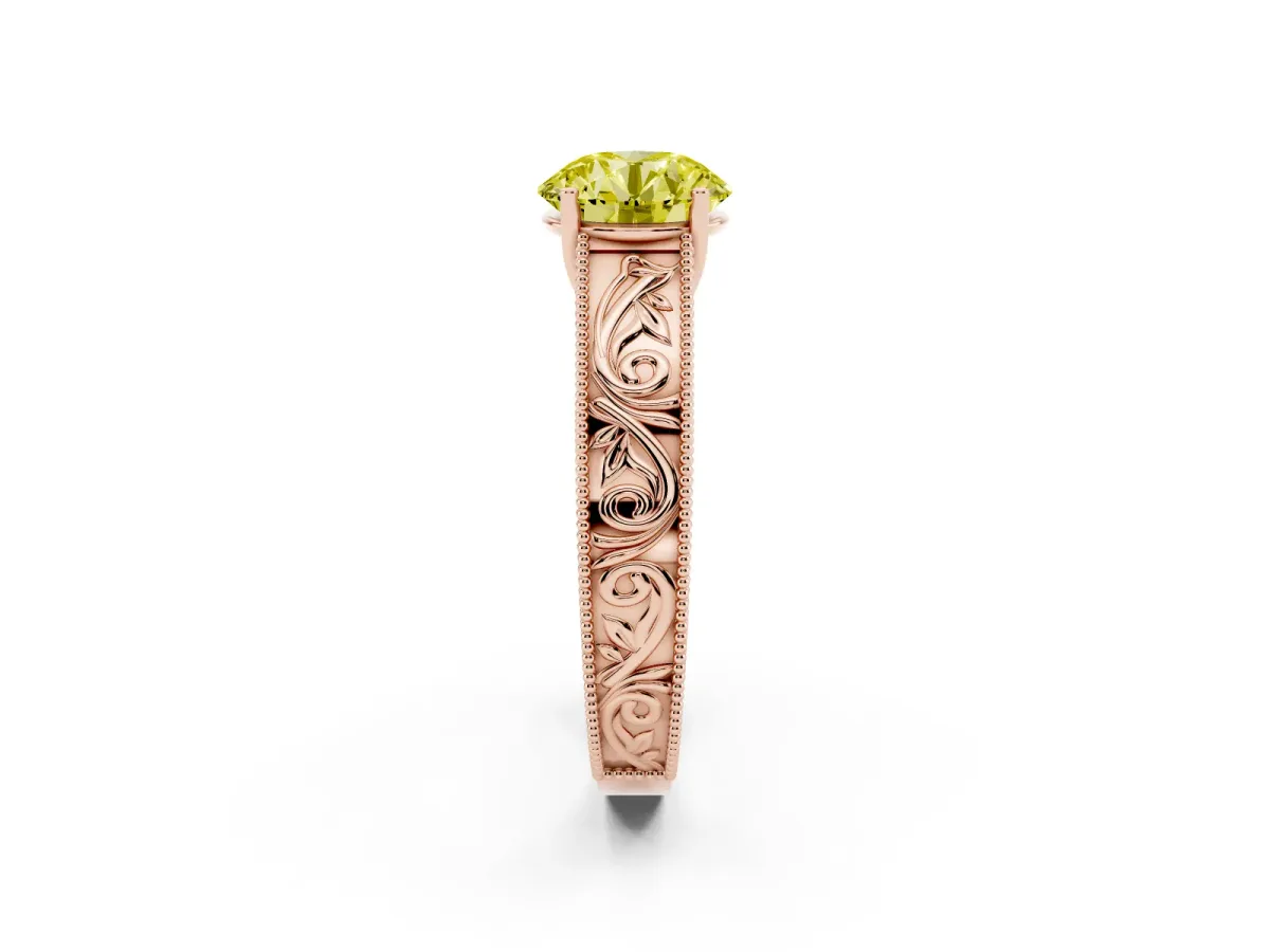 Fancy Yellow Round Cut Diamond Solitaire Ring with Engraved Band and Four-Prong Setting Rose gold