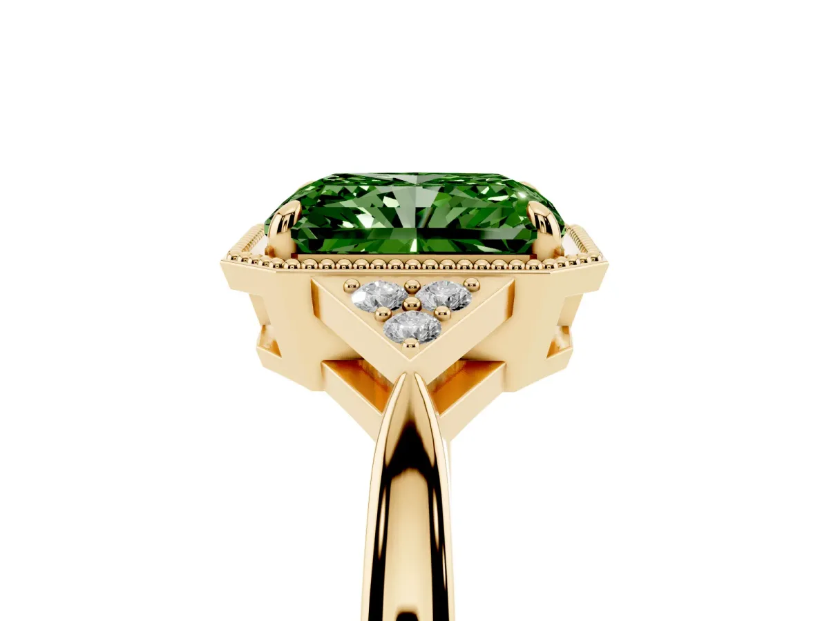 Fancy Green Radiant Cut Diamond Halo Ring with Tapered Band and Four-Prong Setting Yellow gold