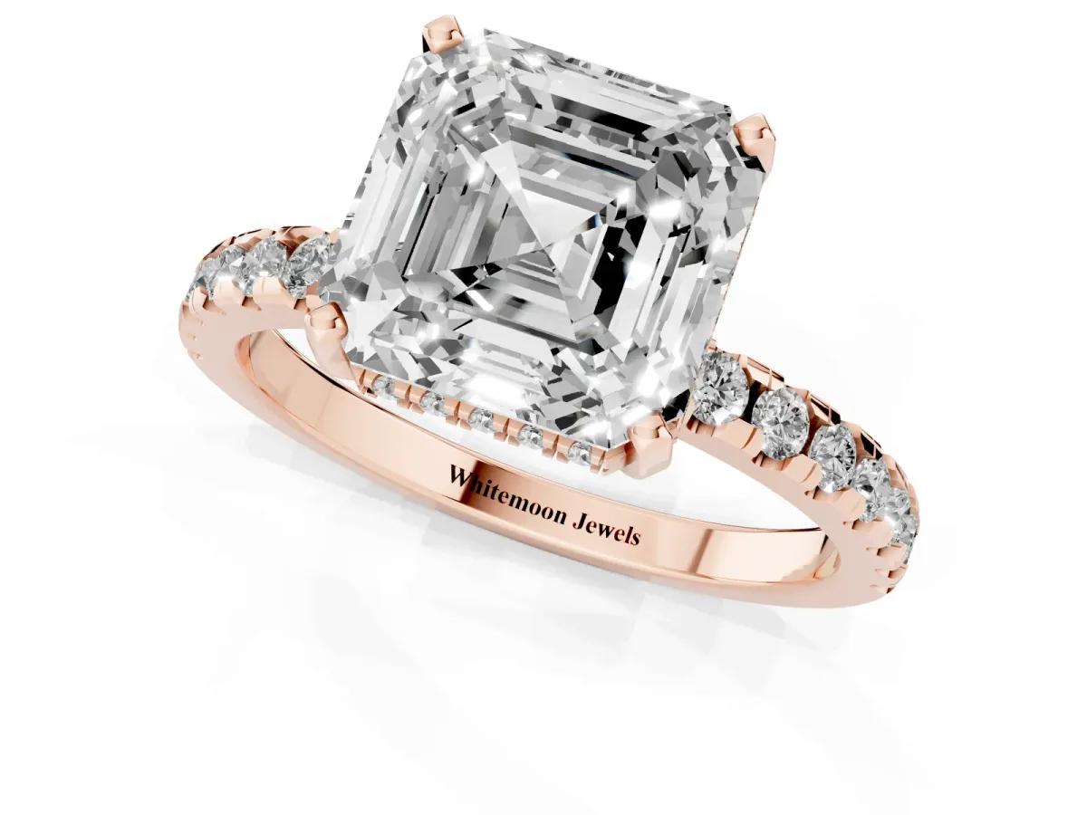 Asscher Cut Diamond Solitaire Ring with Round Pavé Band and Four-Prong Setting Rose gold
