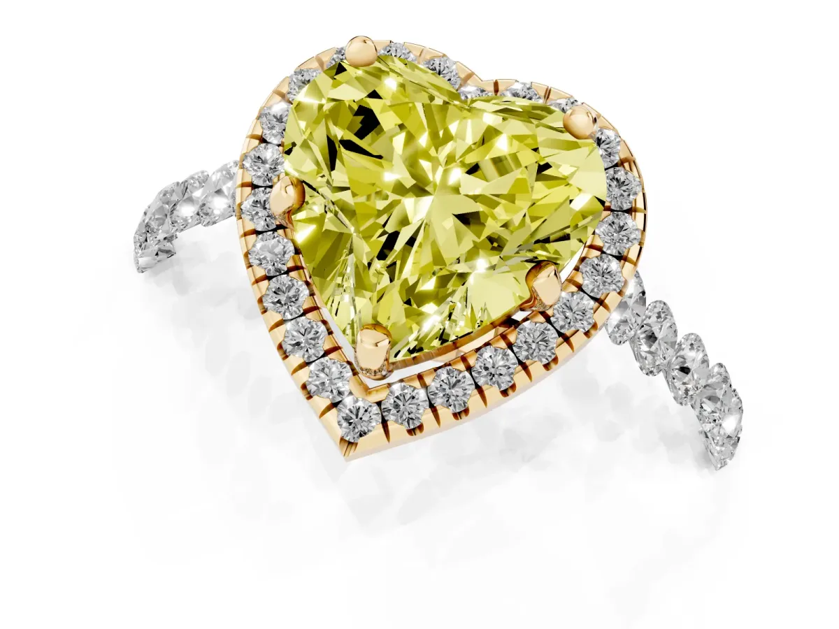 Fancy Yellow Heart Cut Halo Pavé Diamond Engagement Ring with Four-Prong Setting Yellow gold