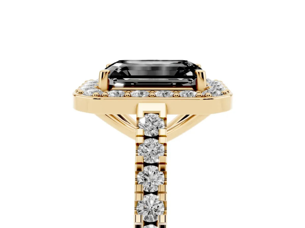 Fancy Black Emerald Cut Diamond Halo Ring with Round Pavé Split Shank and Prong Setting Yellow gold