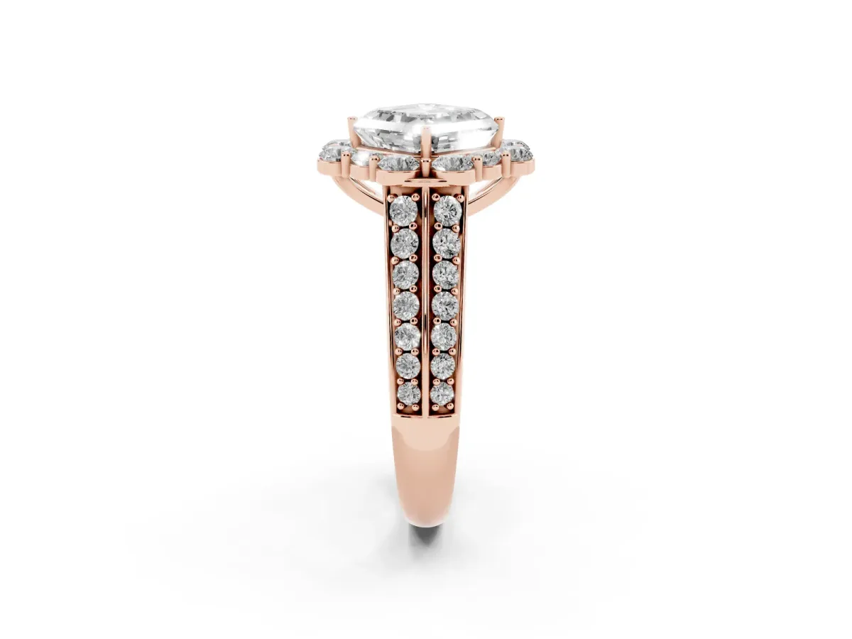 Asscher Cut Halo Diamond Engagement Ring with Split Shank and Prong Setting Rose gold