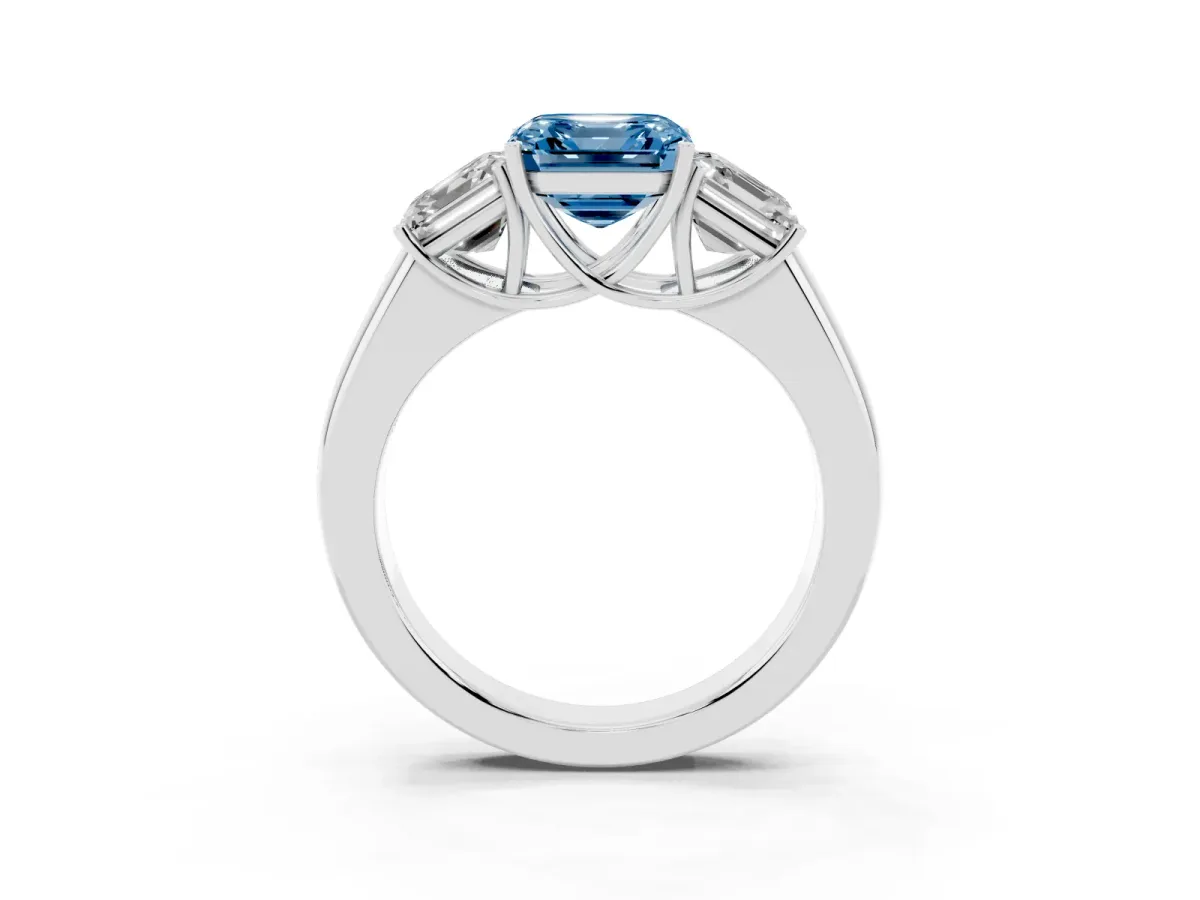 Fancy Blue Three-Stone Asscher Cut Cut Diamond Ring with Prong Setting and Classic Band Platinum