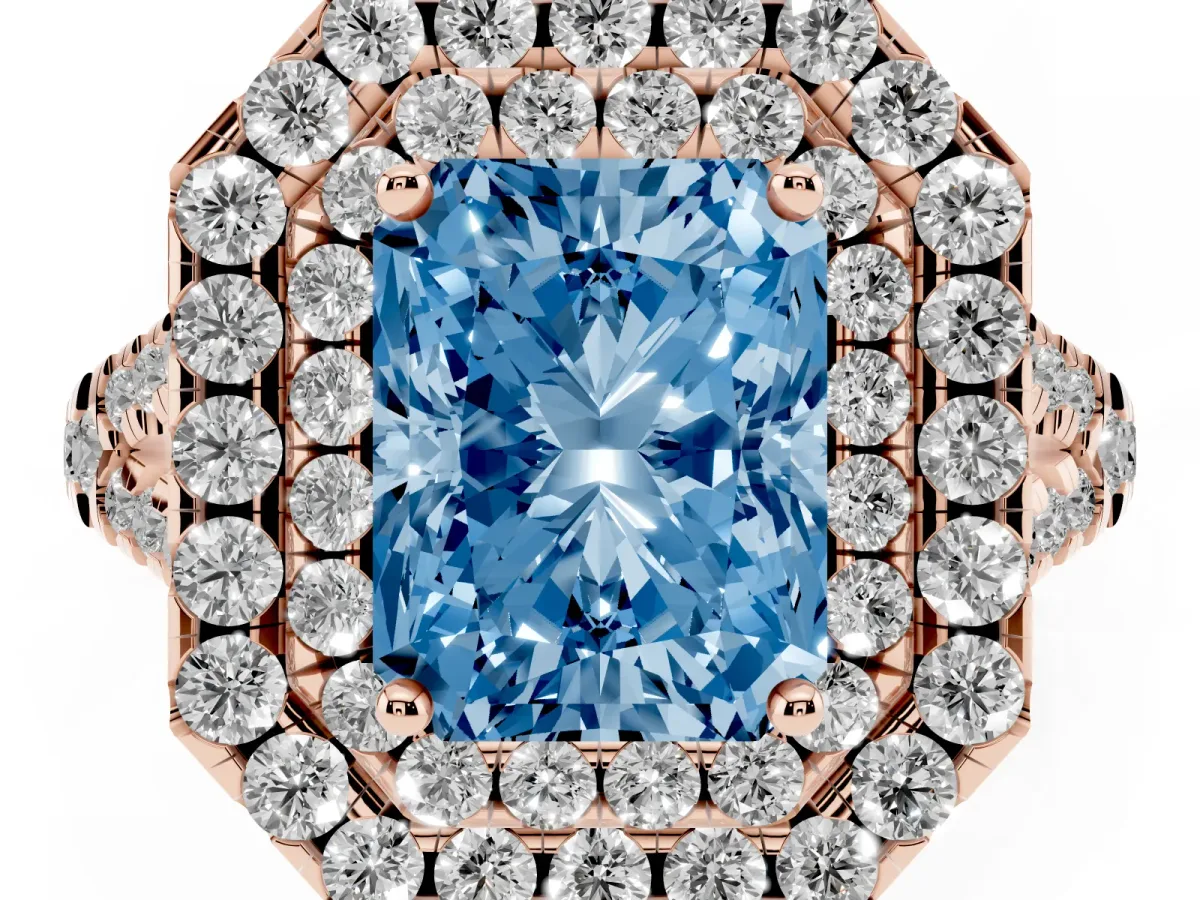 Fancy Blue Double Halo Radiant Cut Diamond Pavé Split Shank Ring with Prong Setting Rose gold