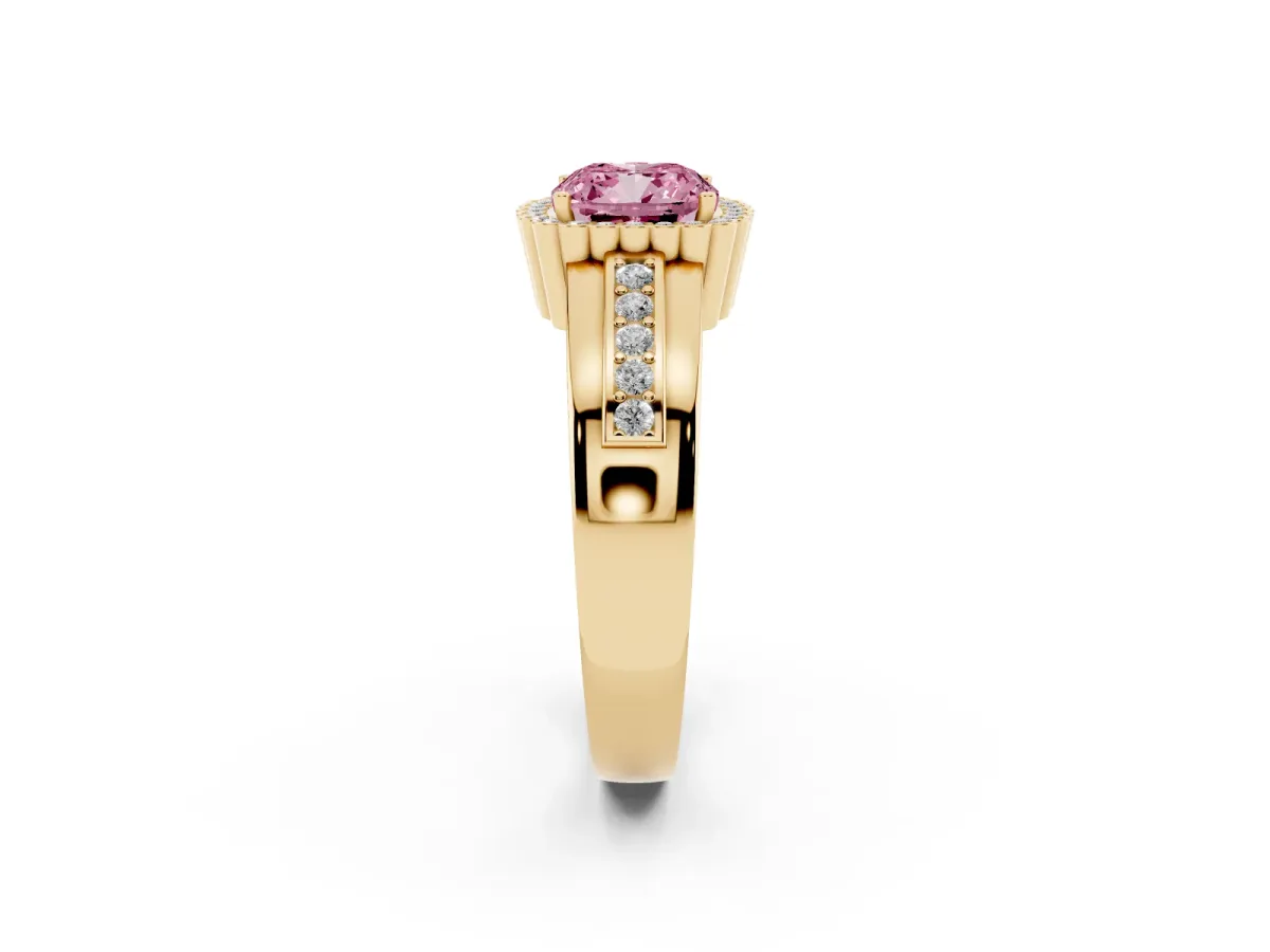 Fancy Pink Cushion Cut Cut Halo Pave Band Four-Prong Ring Yellow gold