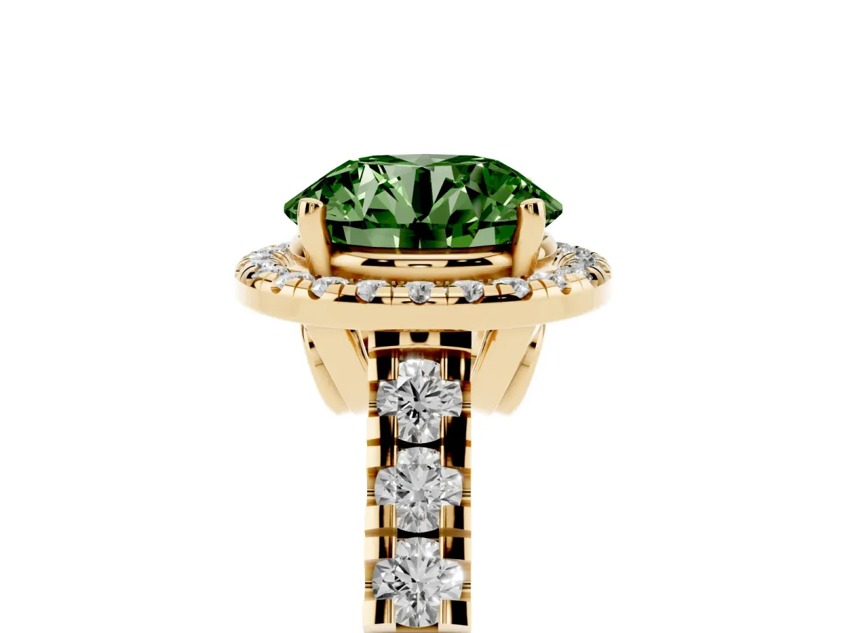 Fancy Green Round Cut Halo Pavé Diamond Engagement Ring with Four-Prong Setting Yellow gold