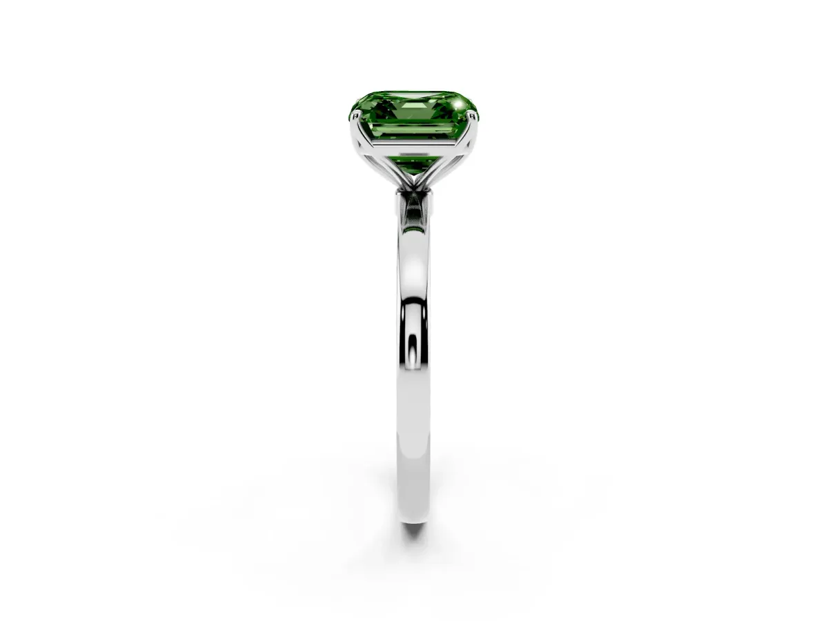 Fancy Green Asscher Cut Diamond Solitaire Ring with Thin Band and Prong Setting White gold