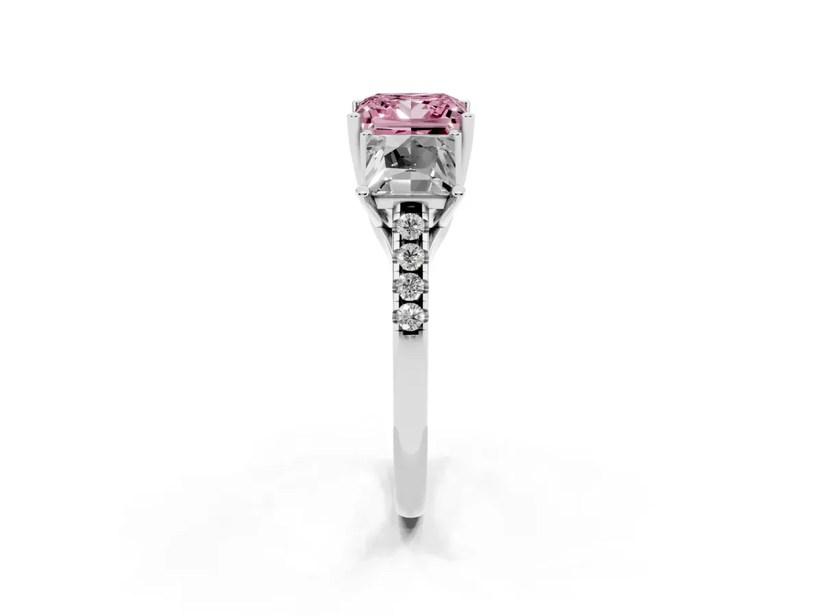 Fancy Pink Three-Stone Princess Cut Diamond Ring with Round Pavé Band and Prong Setting Silver