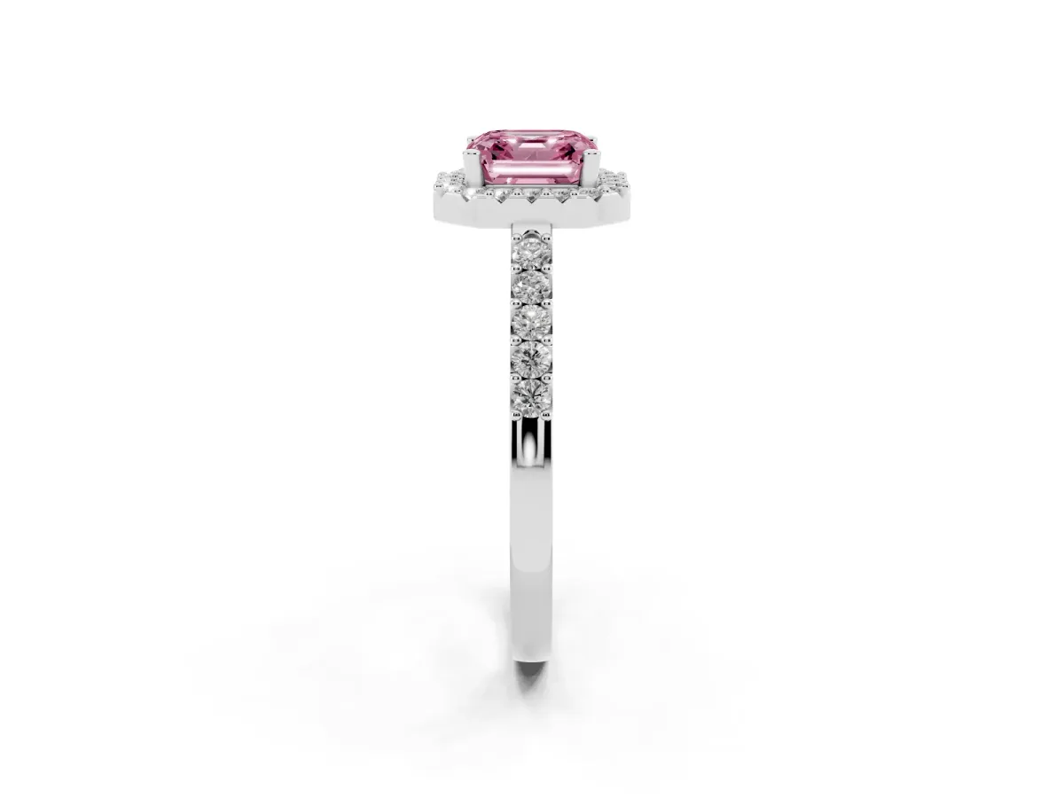 Fancy Pink Asscher Cut Halo Diamond Pavé Solitaire Ring Platinum