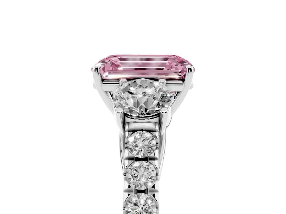 Fancy Pink Emerald Cut Cut Diamond Three-Stone Ring with Round Side Stones and Pavé Band Silver