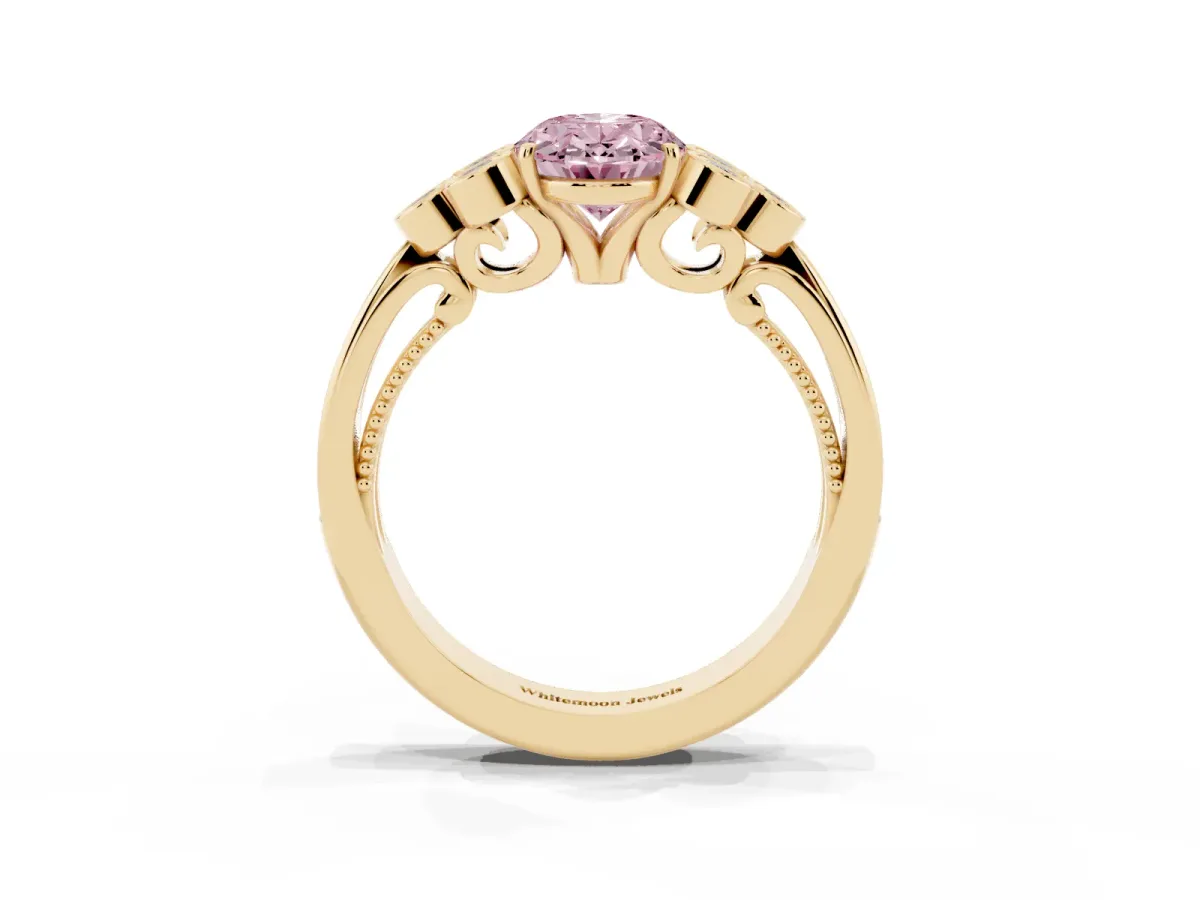 Fancy Pink Oval Cut Cut Diamond Engagement Ring with Bezel Set Round Side Stones and Prong Setting Yellow gold