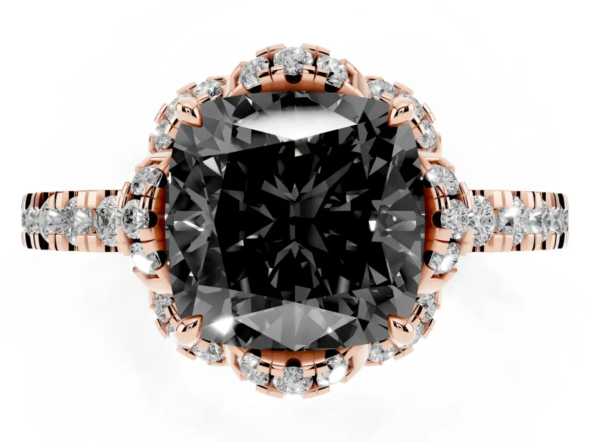 Fancy Black Cushion Cut Diamond Halo Pave Band with Four-Prong Setting Rose gold