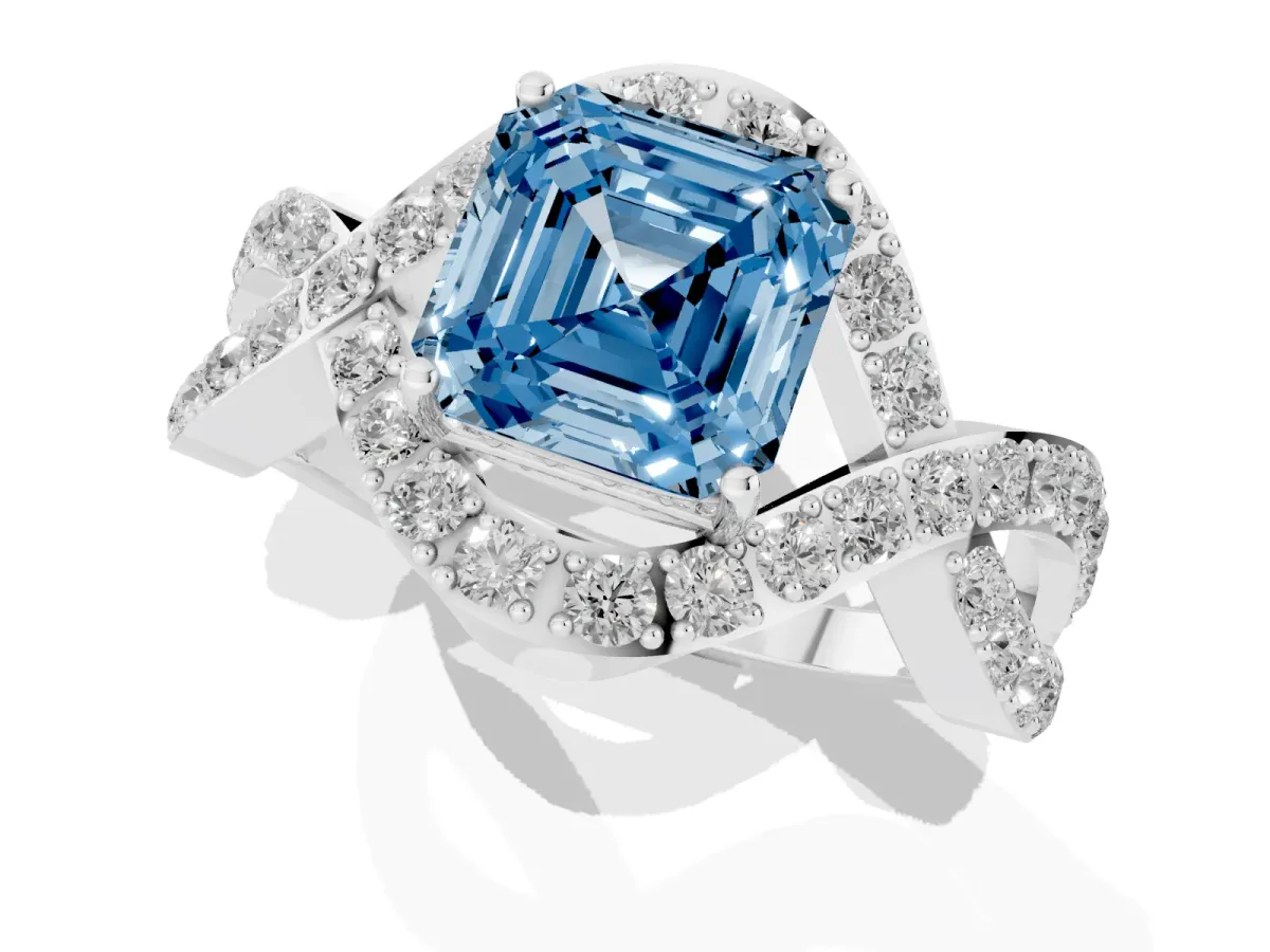 Fancy Blue Asscher Cut Solitaire Twist Band Pavé Diamond Engagement Ring Platinum