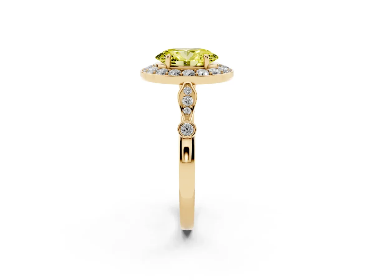 Fancy Yellow Oval Cut Halo Diamond Engagement Ring with Twisted Band and Four-Prong Setting Yellow gold