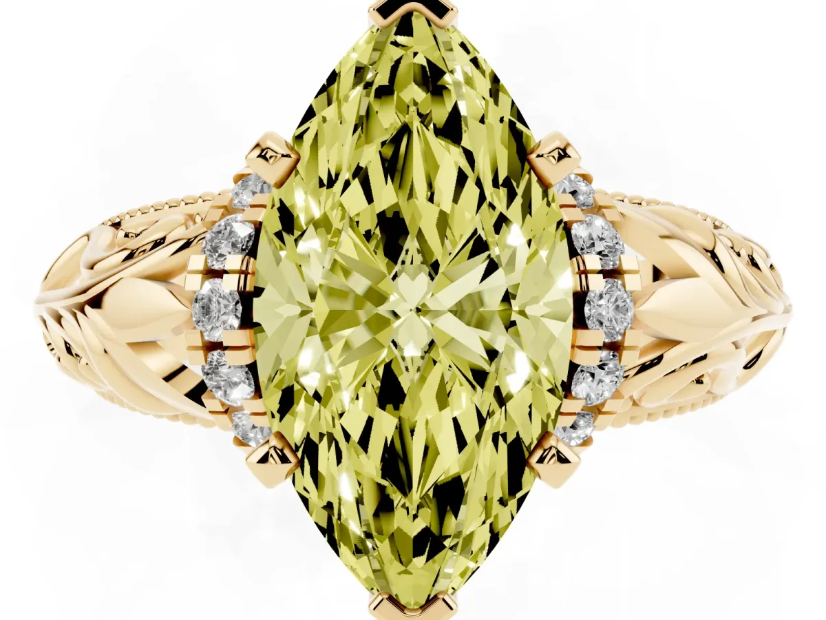 Fancy Yellow Marquise Cut Solitaire Filigree Engagement Ring with Halo and Prong Setting Yellow gold
