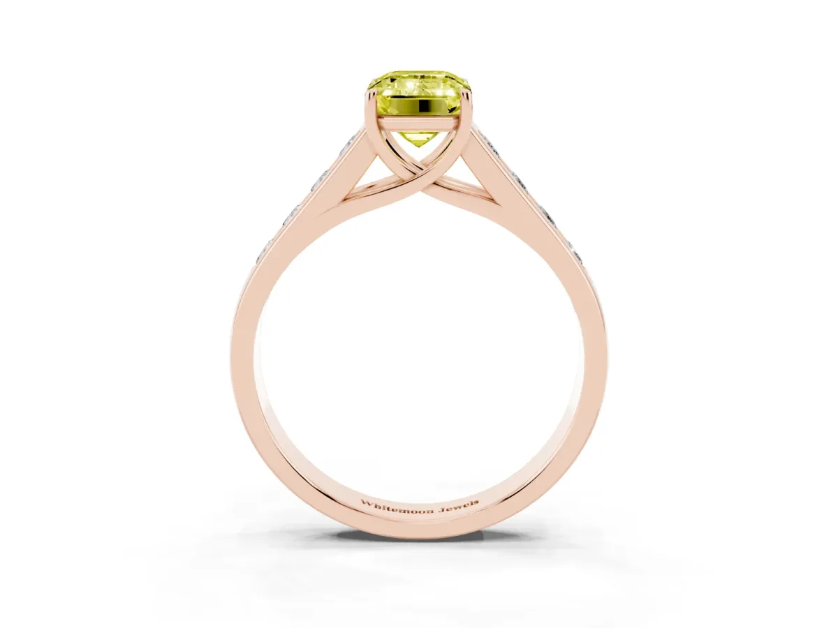 Fancy Yellow Emerald Cut Solitaire Channel-Set Diamond Engagement Ring with Four-Prong Setting Rose gold