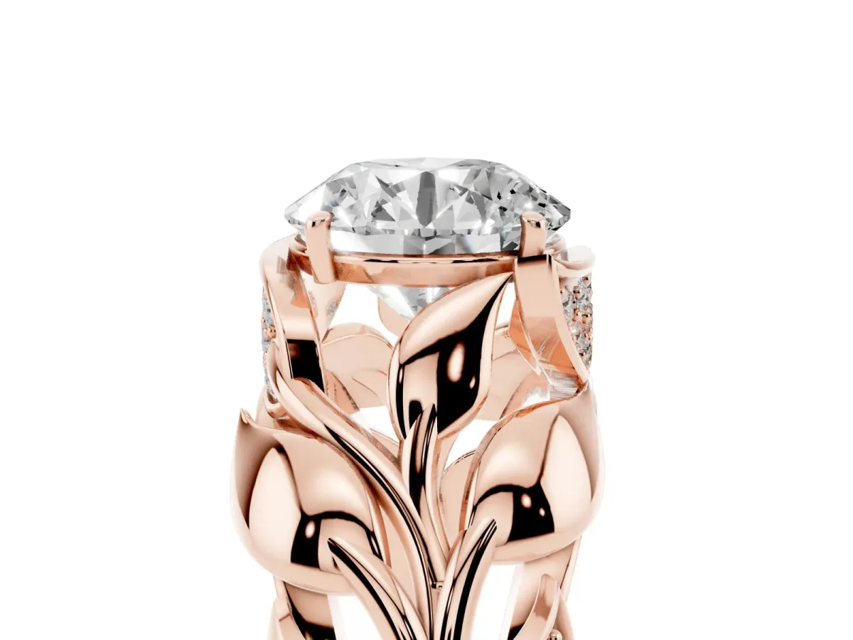 Round Cut Diamond Leaf-Inspired Engagement Ring with Round Accents and Prong Setting Rose gold
