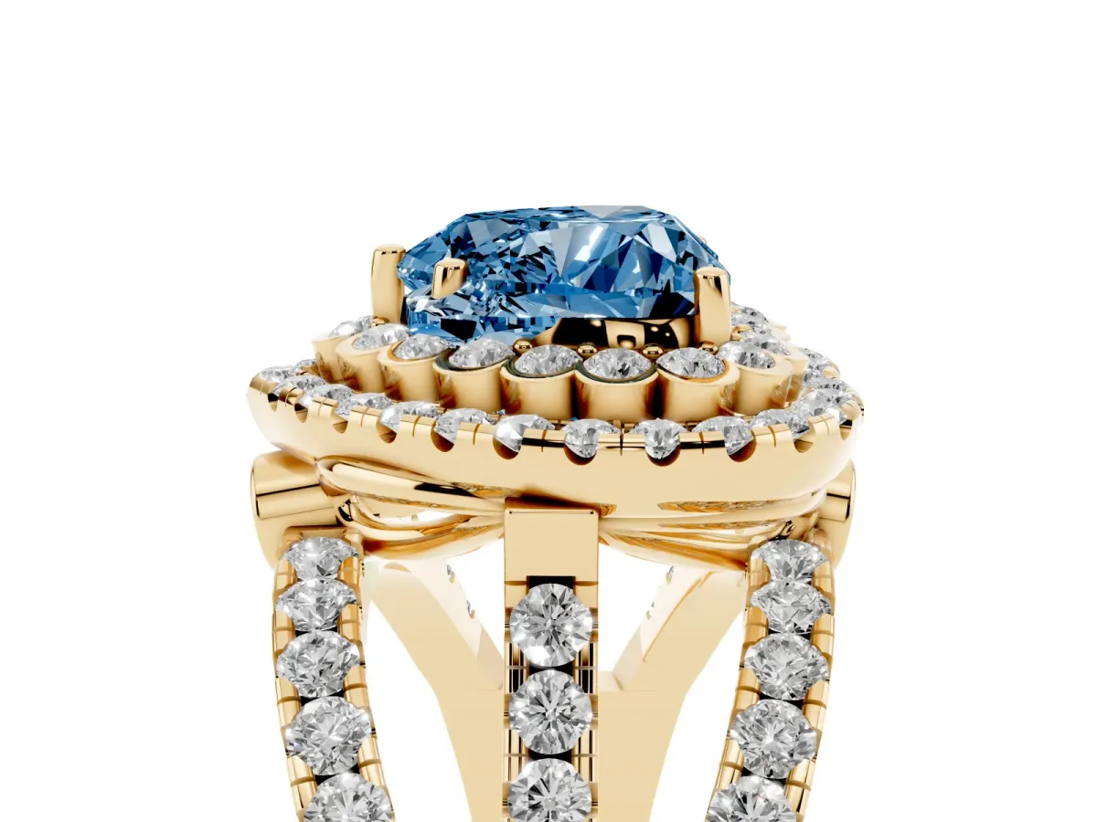 Fancy Blue Heart Cut Diamond Double Halo Ring with Round Pavé Split Shank and Prong Setting Yellow gold