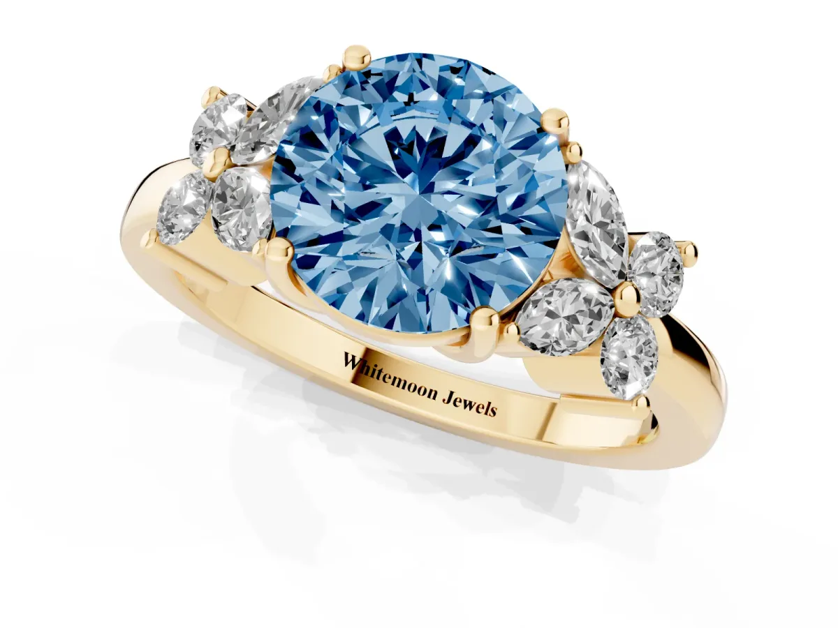 Fancy Blue Round Cut Diamond Floral Cluster Ring with Solitaire Band and Prong Setting Yellow gold