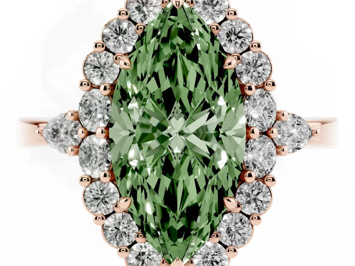 Fancy Green Marquise Cut Diamond Halo Ring with Pear Side Stones and Prong Setting Rose gold