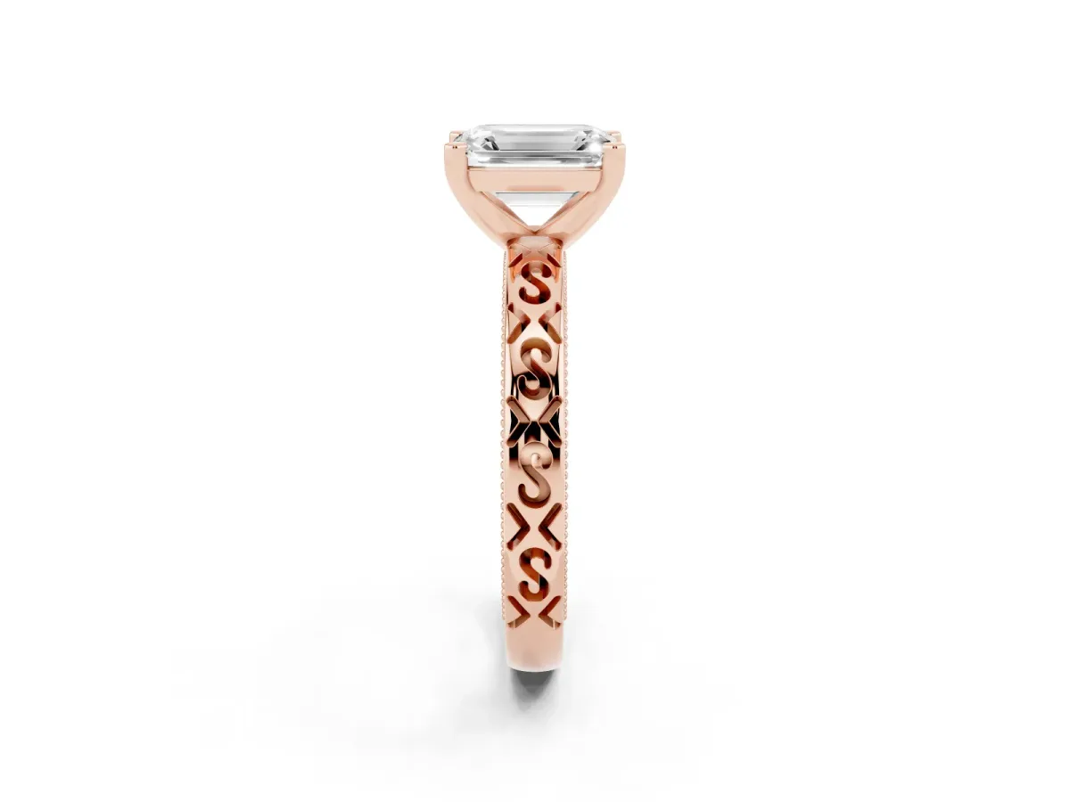 Emerald Cut Solitaire Engagement Ring with Scrollwork Band and Four-Prong Setting Rose gold