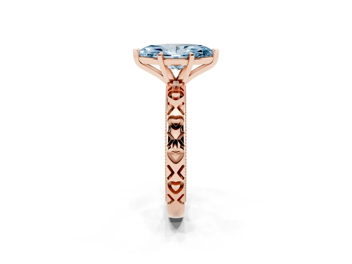 Fancy Blue Marquise Cut Solitaire Diamond Engagement Ring with XO Engraved Band and Four-Prong Setting Rose gold
