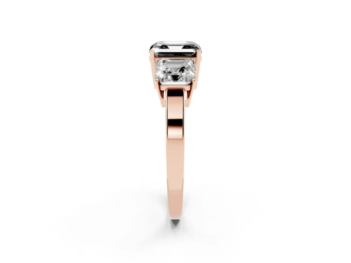 Fancy Black Three-Stone Asscher Cut Cut Diamond Engagement Ring with Flat Band and Four-Prong Setting Rose gold