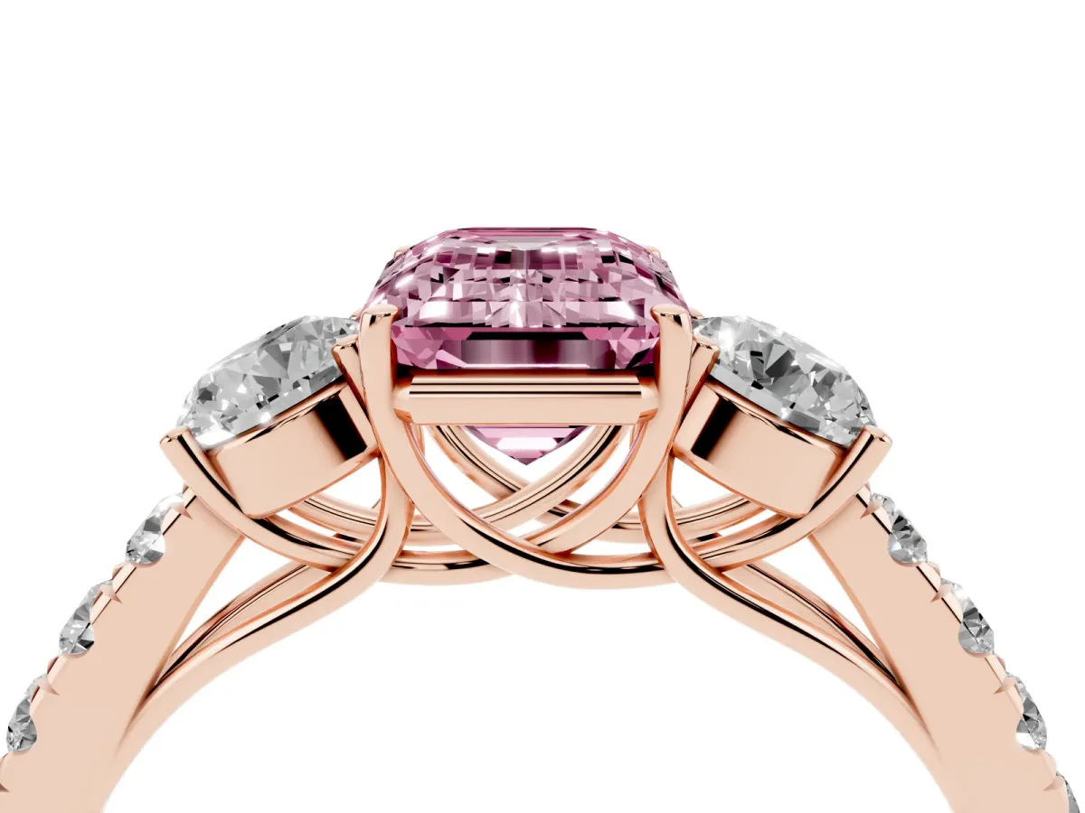 Fancy Pink Emerald Cut Cut Diamond Three-Stone Ring with Round Side Stones and Pavé Band Rose gold