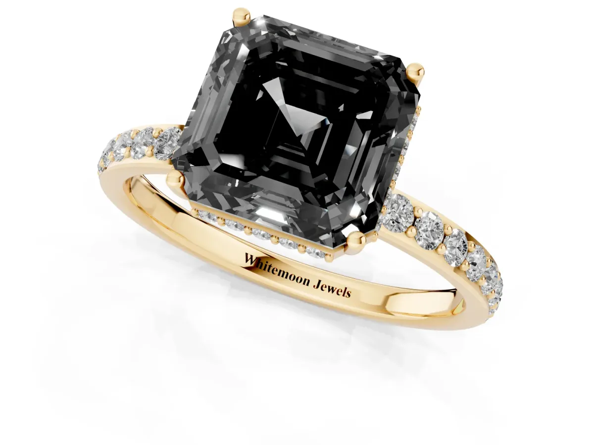Fancy Black Asscher Cut Diamond Solitaire Ring with Pavé Band and Hidden Halo Yellow gold